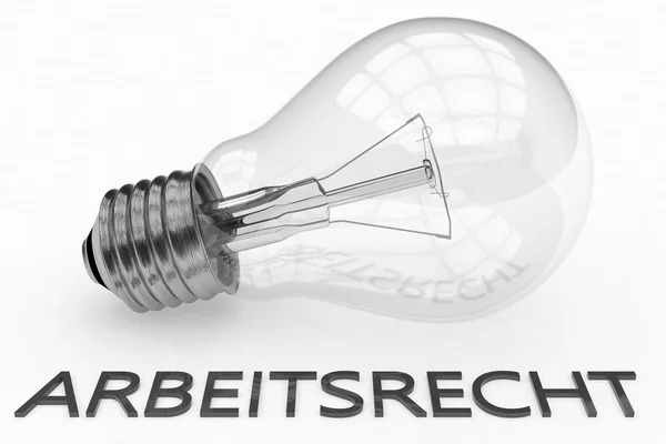 Arbeitsrecht - german word for labor law - lightbulb on white background with text under it. 3d render illustration. — Stock fotografie